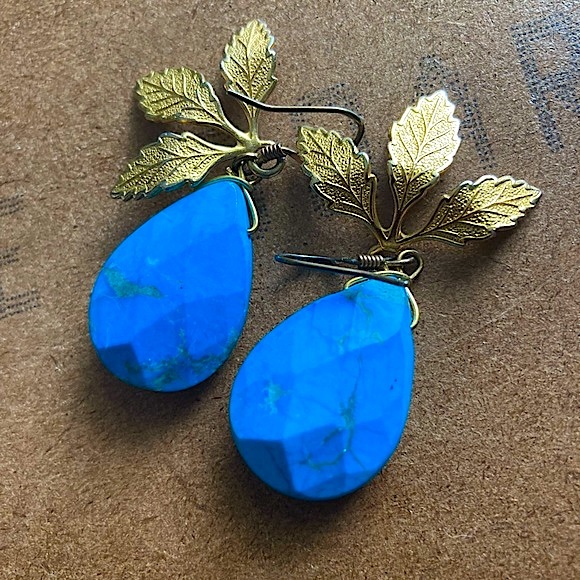 Blue Drop Earrings with Gold Accents - Picture 4 of 5